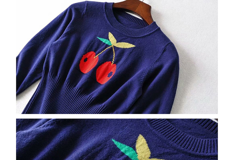 Fashion Blue Purple Sweater With Printed Cherry Blossoms,Sweater