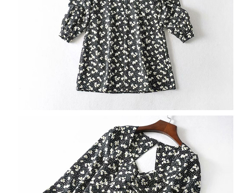 Fashion Black Floral Print Open-back Pleated Square-neck Dress,Mini & Short Dresses