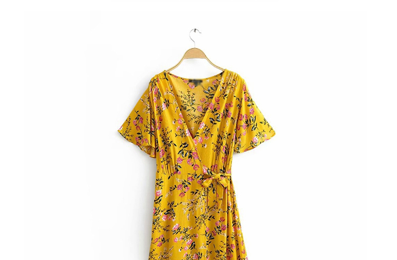 Fashion Yellow V-neck Lace Dress With Cotton Print,Long Dress