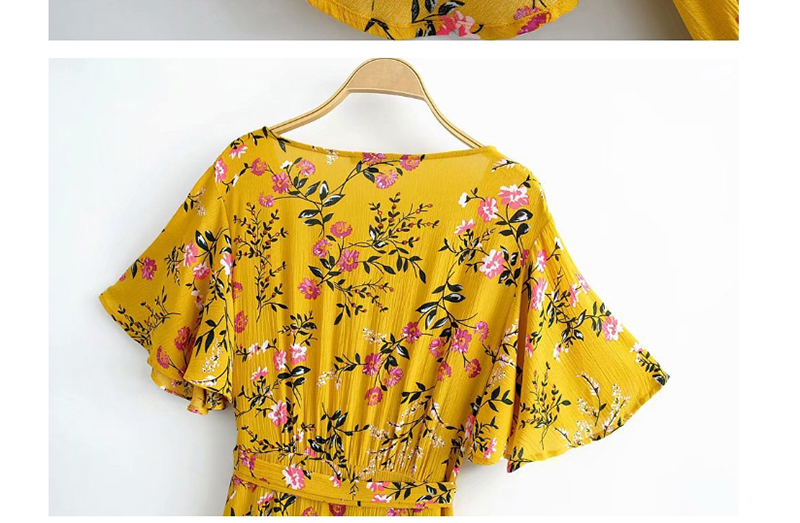 Fashion Yellow V-neck Lace Dress With Cotton Print,Long Dress
