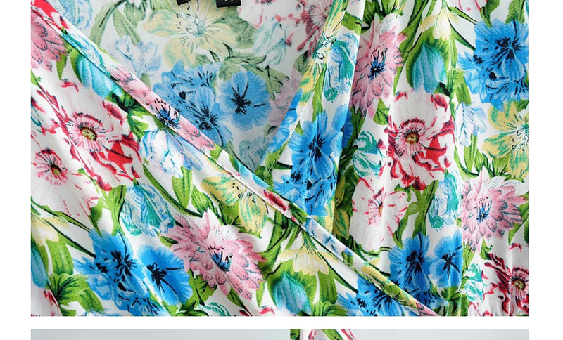 Fashion Blue V-neck Dress With Floral Print,Long Dress
