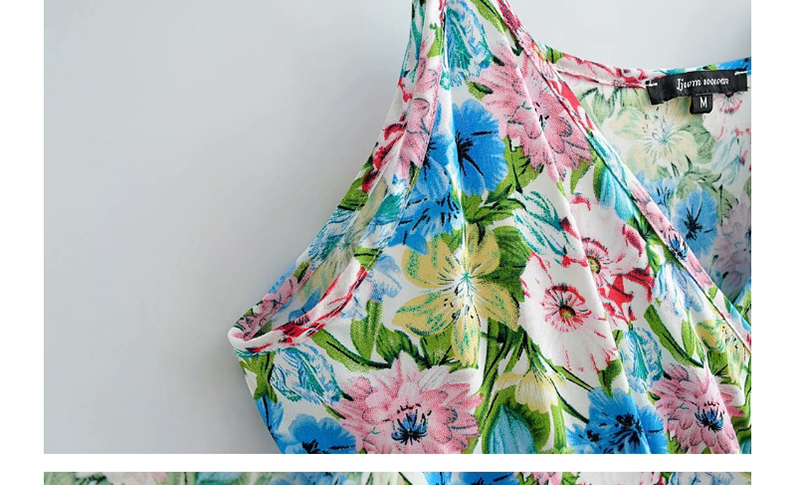 Fashion Blue V-neck Dress With Floral Print,Long Dress