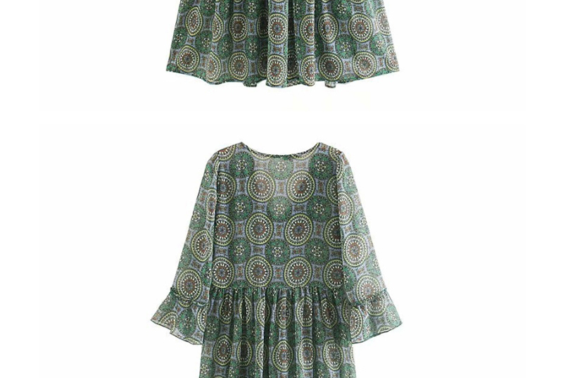 Fashion Green Flower Print Layered Ruffled V-neck Dress,Long Dress
