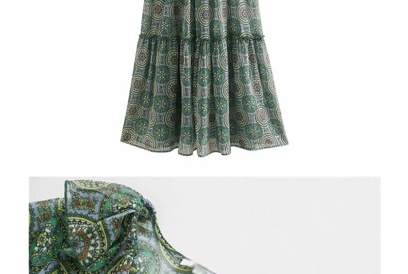 Fashion Green Flower Print Layered Ruffled V-neck Dress,Long Dress