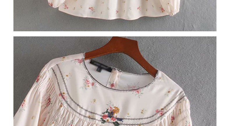 Fashion White Embroidered Printed Pleated Crew Neck Shirt,Blouses