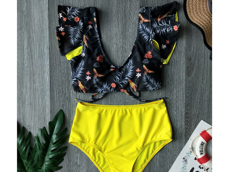 Fashion Orange Flower On Black + Black Panties Printed Bandage Lotus Leaf Lace High Waist Split Swimsuit,Bikini Sets