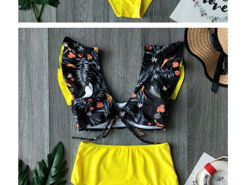 Fashion Black Bottom Gray Leaves + Yellow Bottoms Printed Bandage Lotus Leaf Lace High Waist Split Swimsuit,Bikini Sets