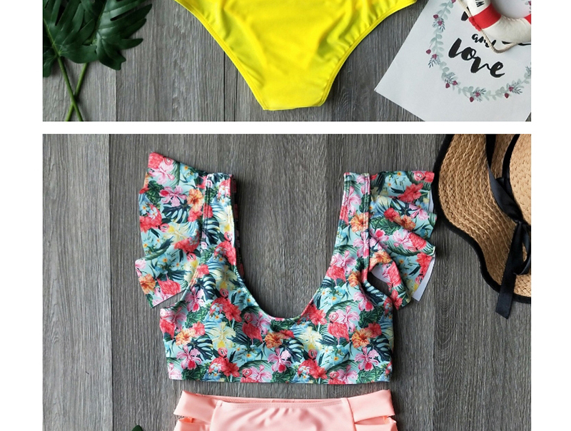 Fashion Floral Flamingo Printed Bandage Lotus Leaf Lace High Waist Split Swimsuit,Bikini Sets