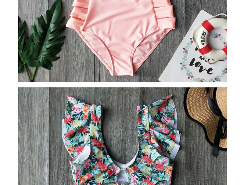 Fashion Green Leaf Flamingo + Green Leggings Printed Bandage Lotus Leaf Lace High Waist Split Swimsuit,Bikini Sets