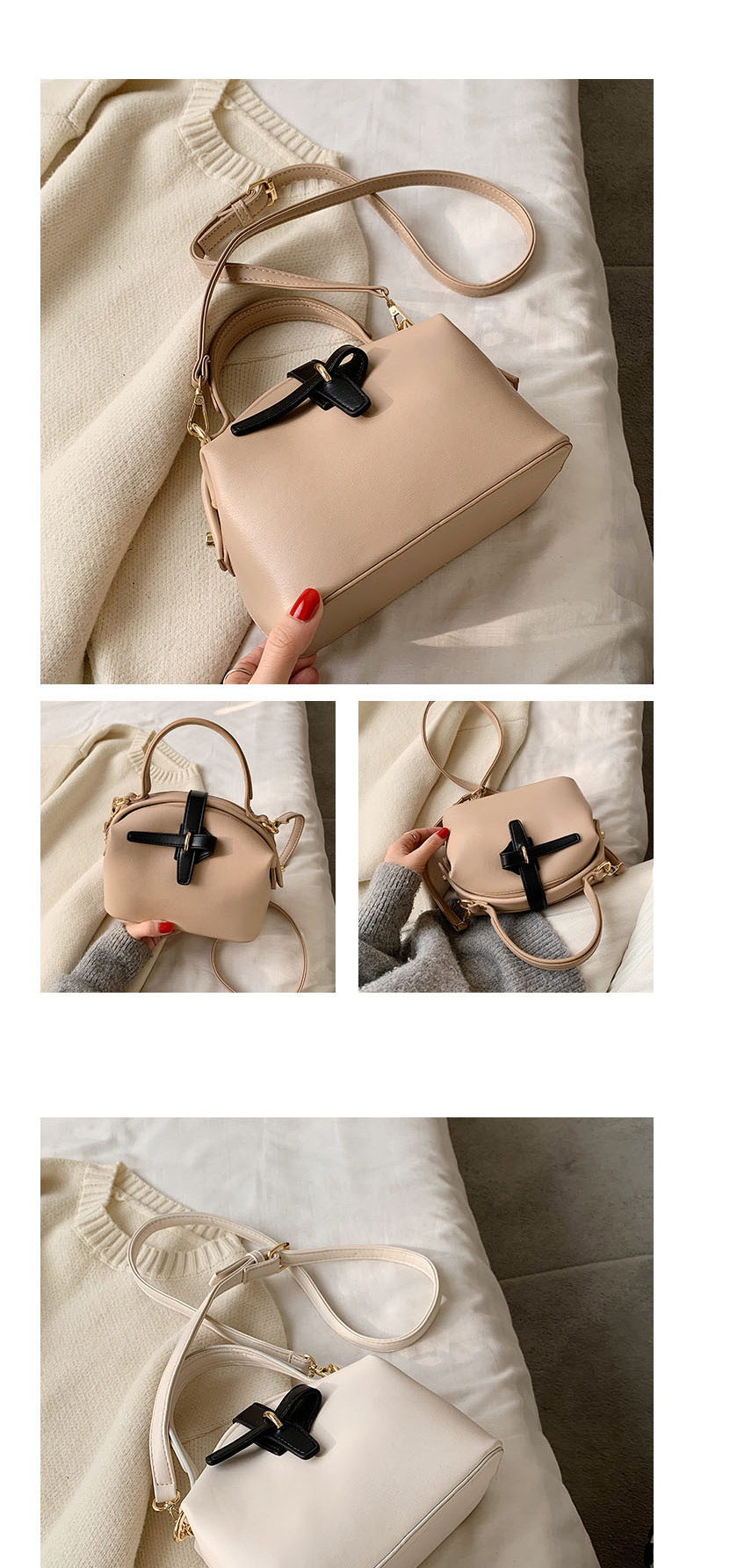 Fashion Creamy-white Geometric Buckle Shoulder Bag,Handbags