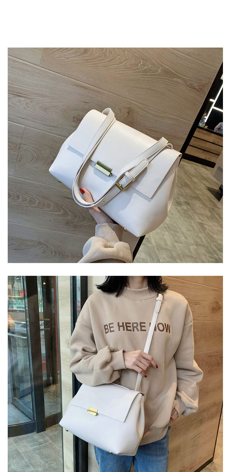 Fashion Creamy-white Flap Lock Solid Color Shoulder Bag,Messenger bags