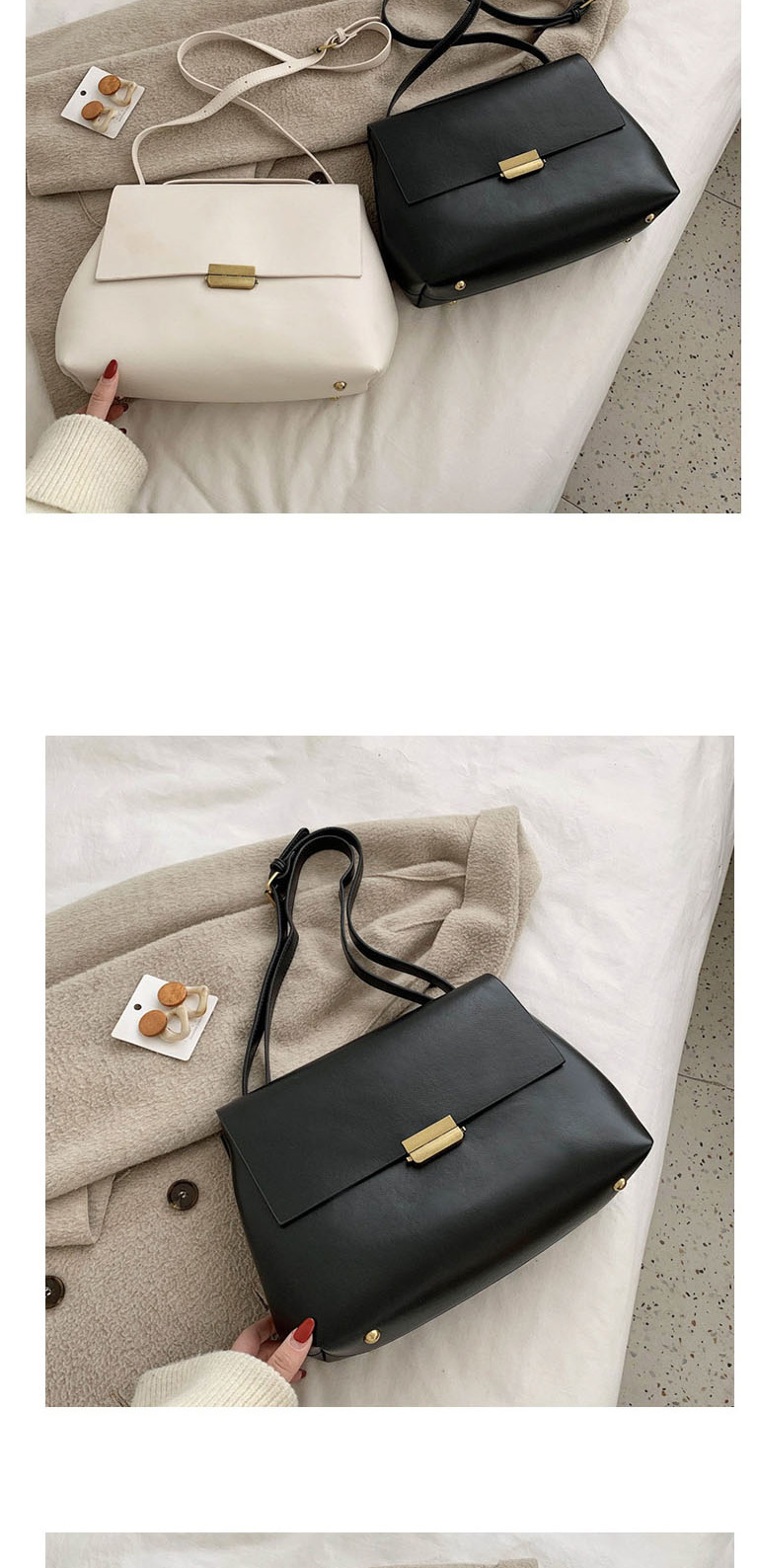 Fashion Creamy-white Flap Lock Solid Color Shoulder Bag,Messenger bags