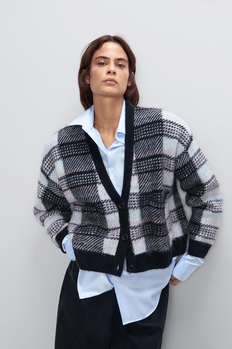 Fashion Black Checked Single-breasted V-neck Sweater Coat,Sweater