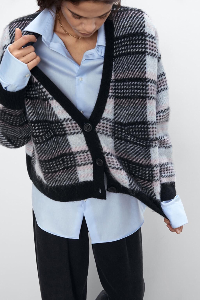 Fashion Black Checked Single-breasted V-neck Sweater Coat,Sweater