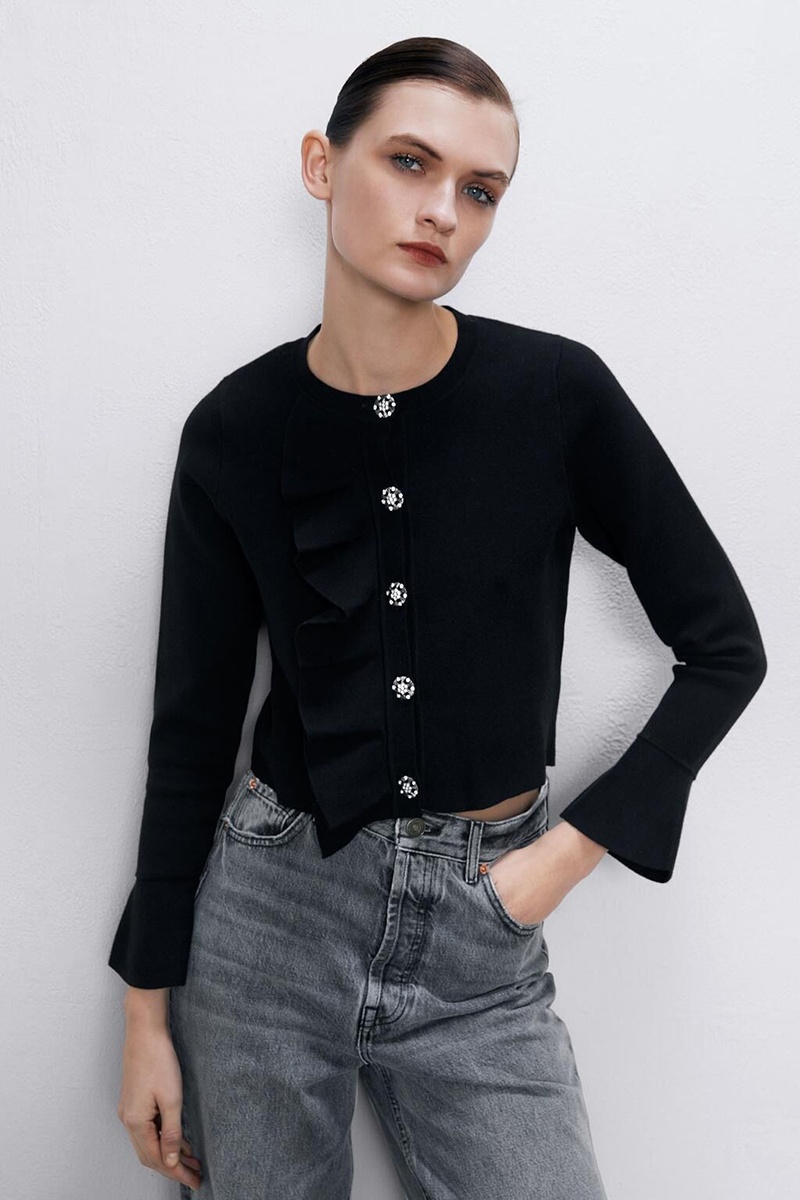 Fashion Black Single-breasted Knitted Jacket With Layered Ruffles,Sweater