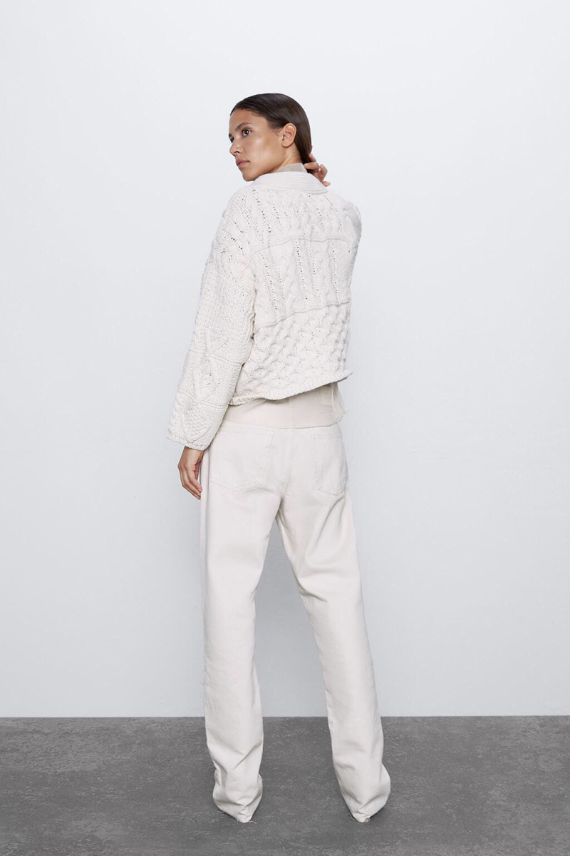 Fashion Creamy-white Eight-knit V-neck Short Sweater Coat,Sweater