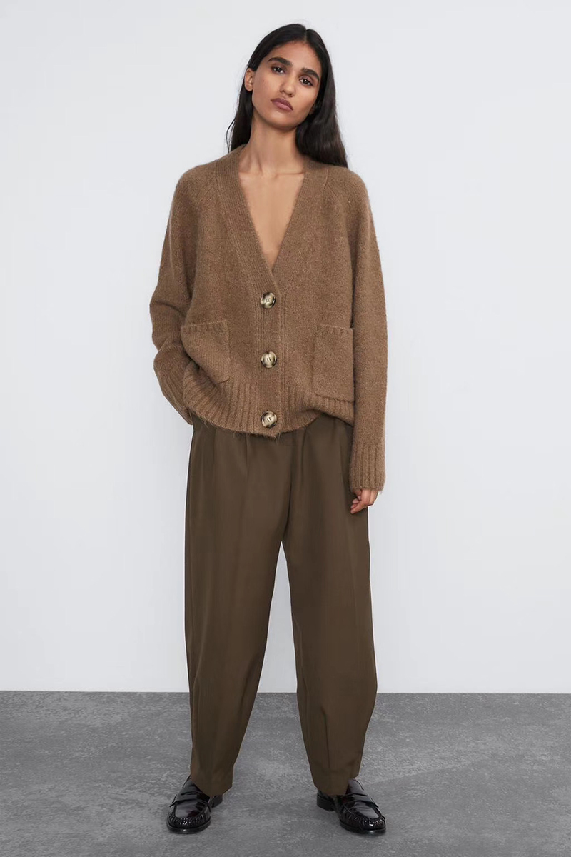 Fashion Brown Pocket V-neck Knit Cardigan,Sweater