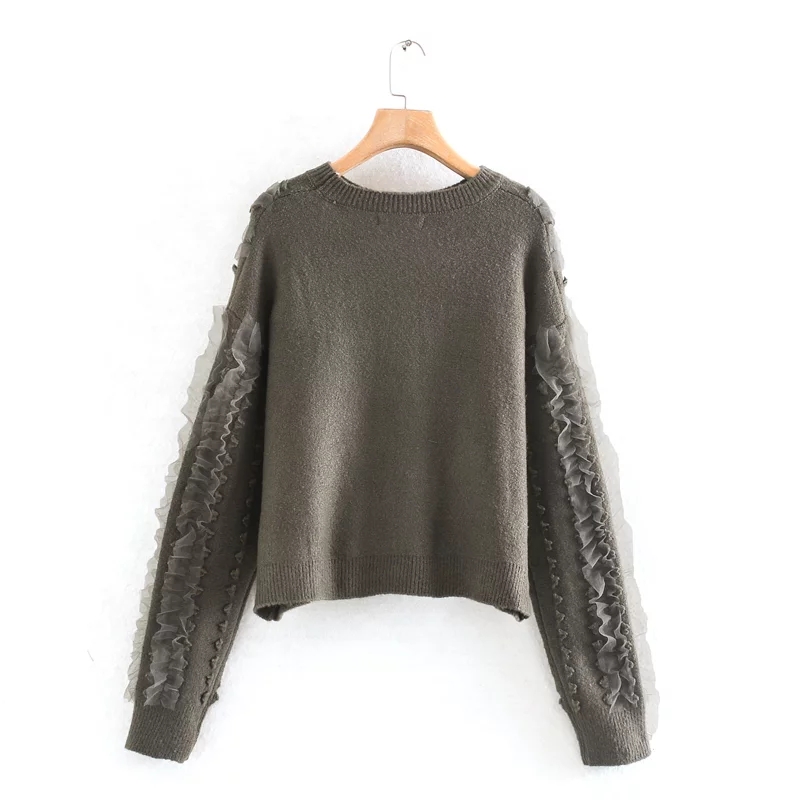 Fashion Dark Gray Tulle-paneled Ruffle Cropped Sweater,Sweater