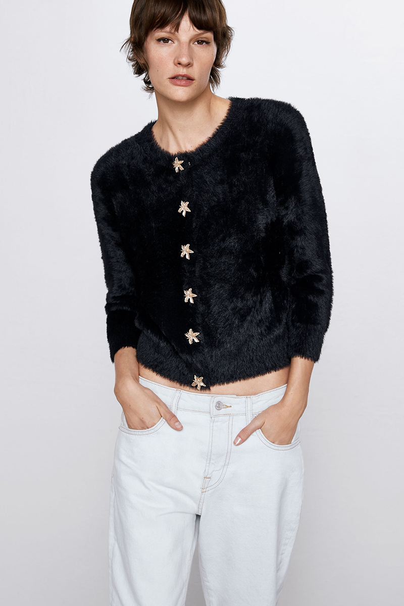 Fashion Black Faux Fur Pentagram Single Button Coat,Sweater