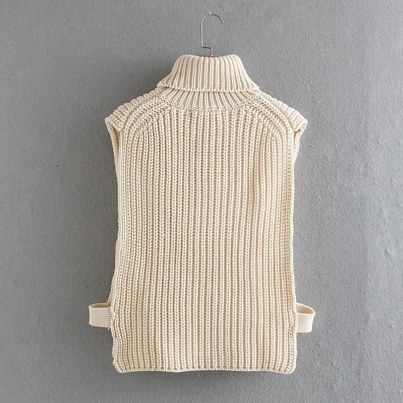 Fashion Beige Split Turtleneck Knit Vest,Sweater