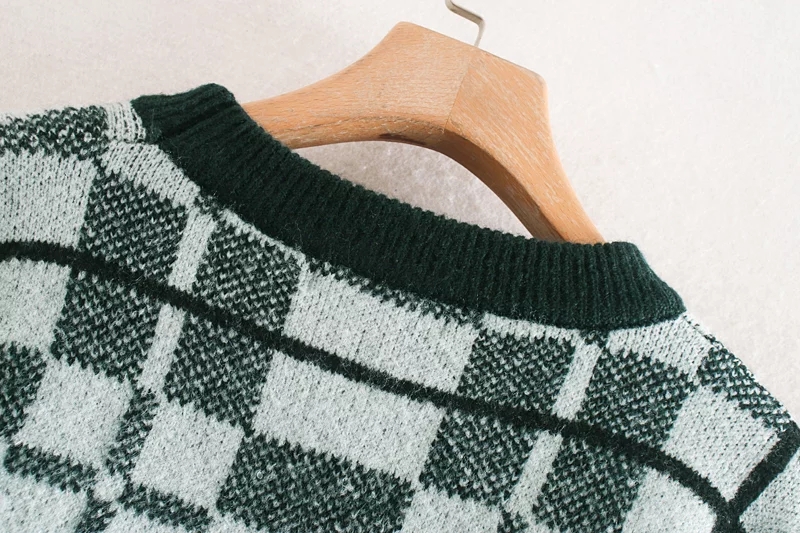 Fashion Dark Green Alpaca-blend Plaid Crew Neck Loose Sweater,Sweater
