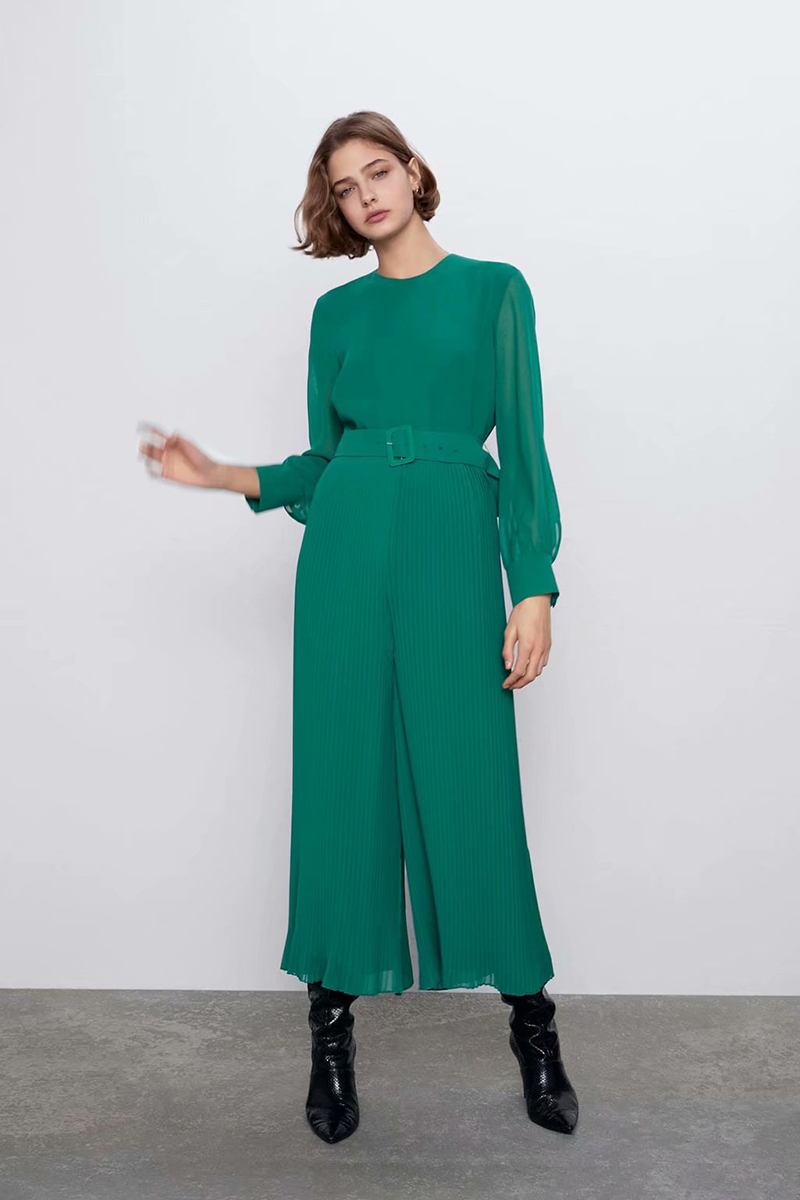 Fashion Green Pleated Belted Round Neck Jumpsuit,Pants