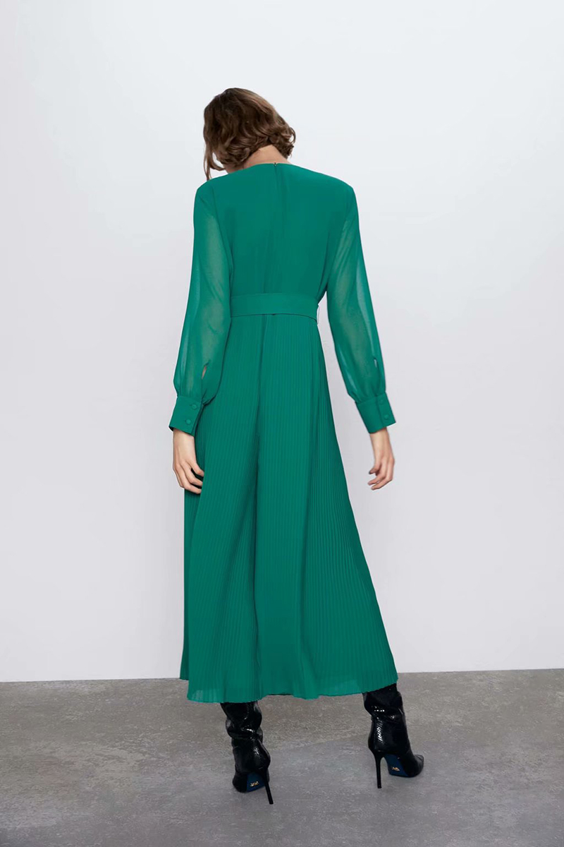 Fashion Green Pleated Belted Round Neck Jumpsuit,Pants