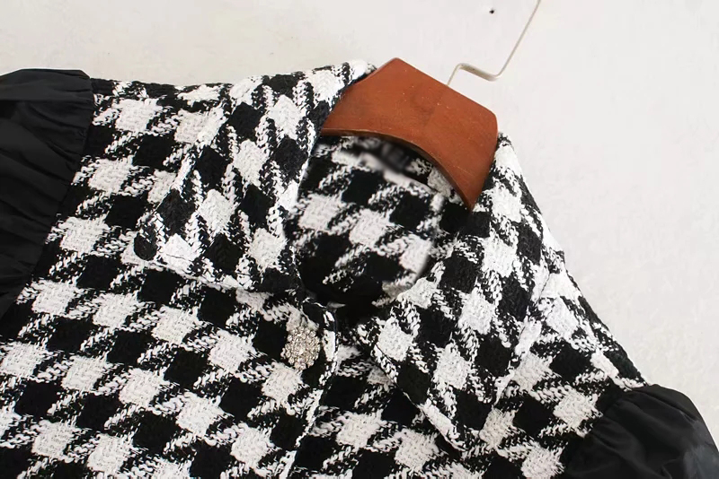 Fashion Black Tweed Lapel Stitching Puff Sleeve Top,Tank Tops & Camis