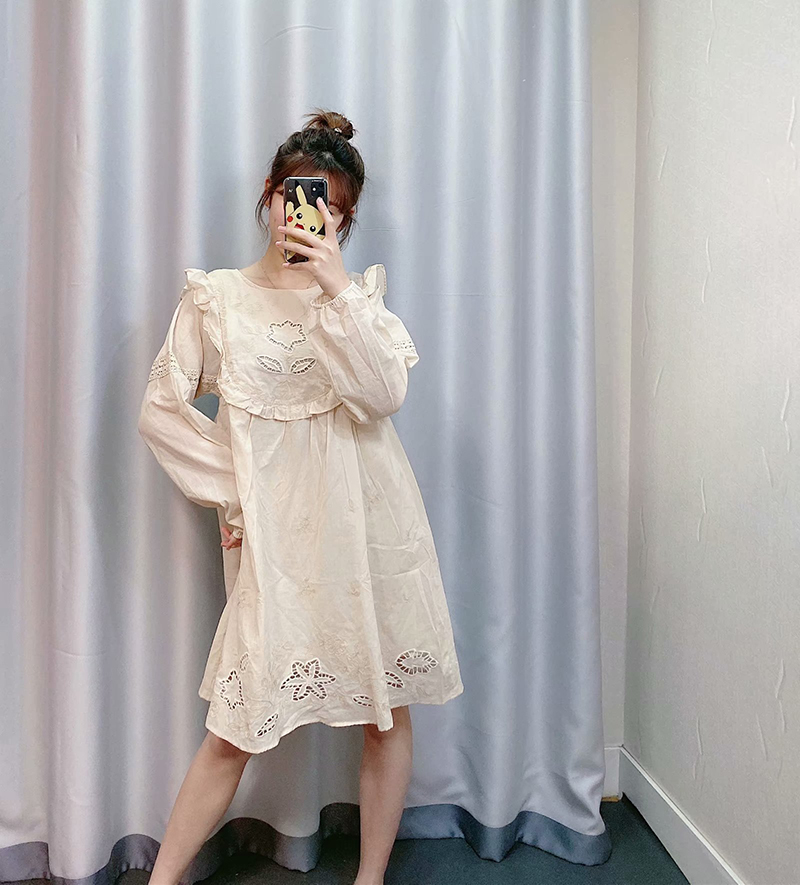 Fashion Cream Color Ruffled Cutout Flower Dress,Long Dress