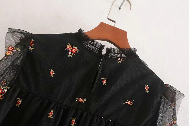 Fashion Black Embroidered Mesh Panel Dress,Long Dress