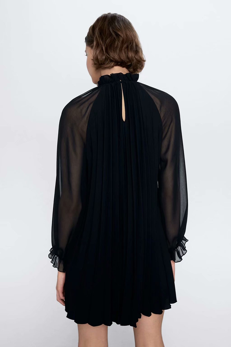 Fashion Black Small Pleated Mesh Gauze Dress,Long Dress