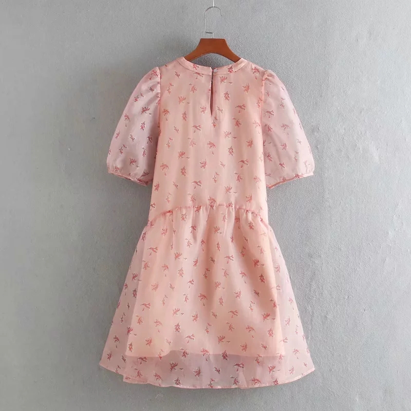 Fashion Pink Floral Print Organza Dress,Long Dress
