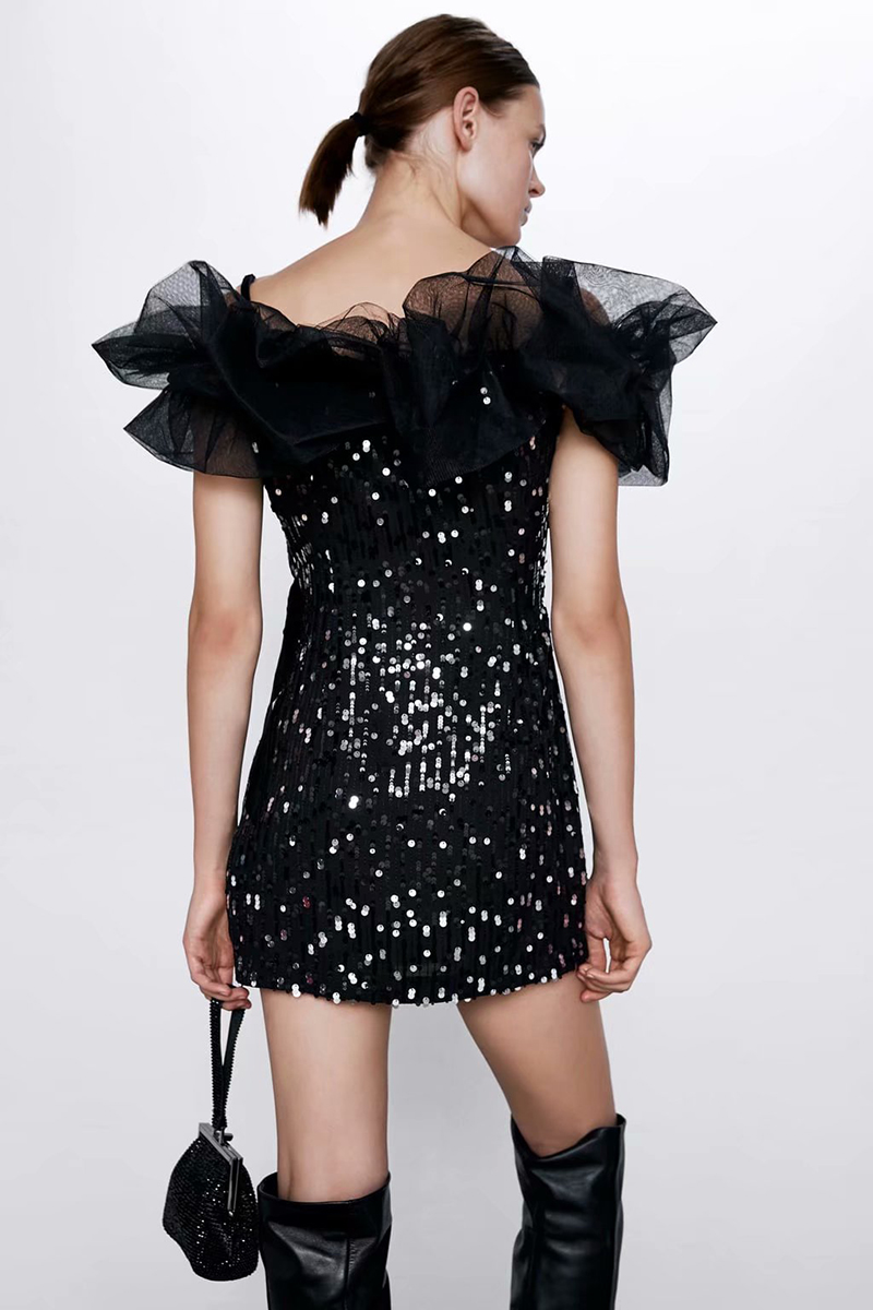 Fashion Black Sequined Mesh Dress,Long Dress