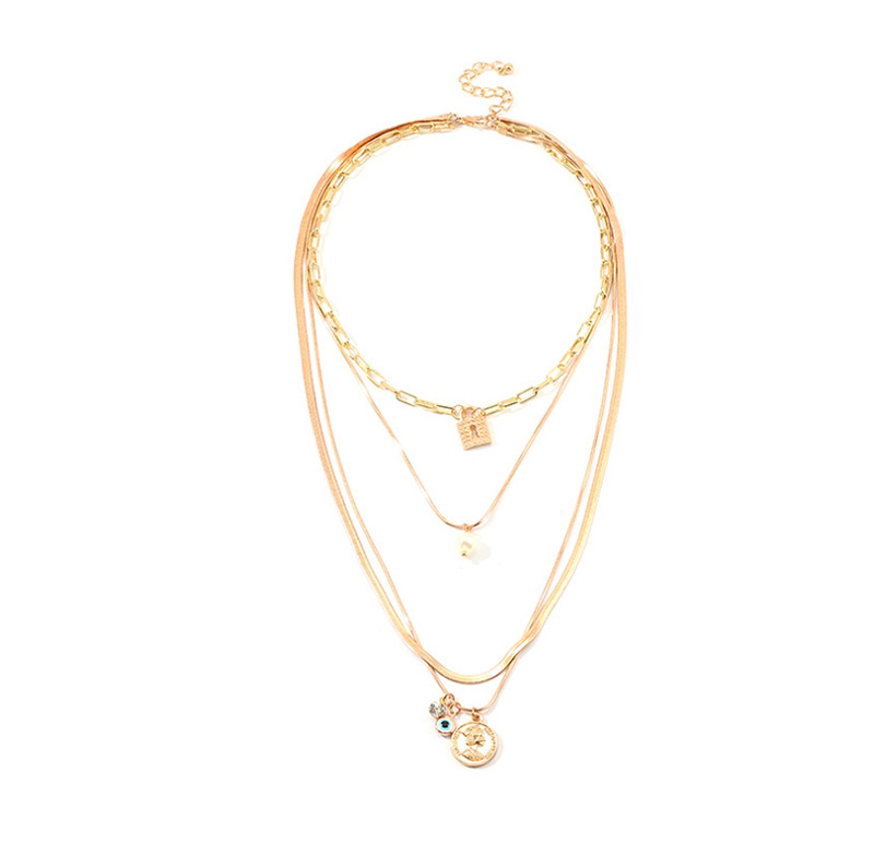 Fashion Golden Embossed Portrait Multi-layer Pearl Lock Oil Drop Eye Necklace,Multi Strand Necklaces