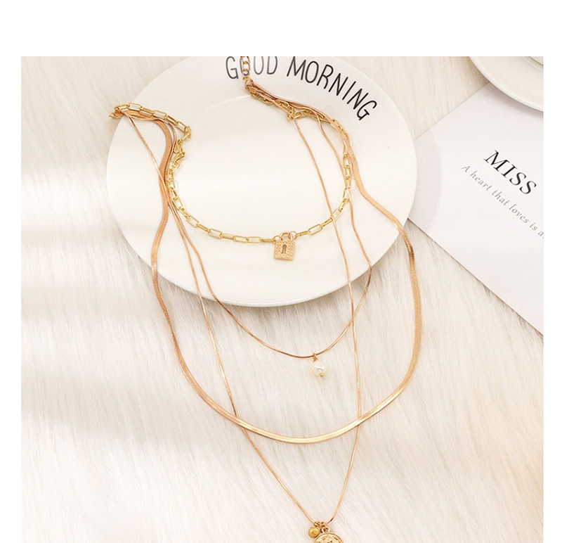Fashion Golden Embossed Portrait Multi-layer Pearl Lock Oil Drop Eye Necklace,Multi Strand Necklaces