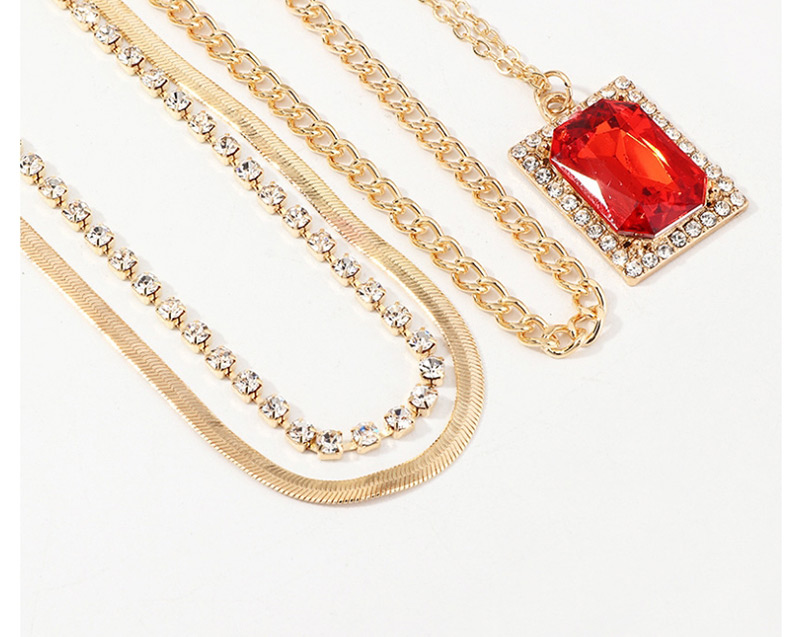 Fashion Red Multilayer Necklace With Diamonds And Rectangular Ruby ??pendants,Multi Strand Necklaces
