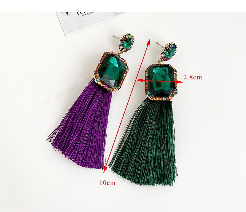 Fashion Purple + Dark Green Alloy Rhinestone Square Long Fringe Stud Earrings,Drop Earrings