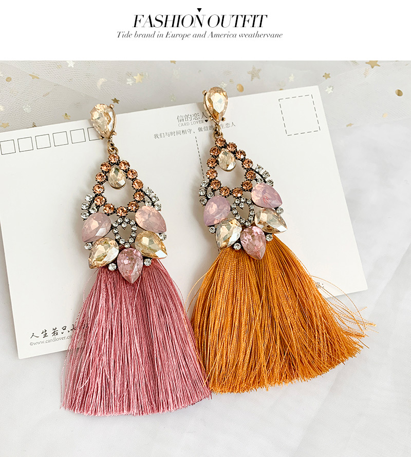Fashion Leather Pink + White Alloy Rhinestone Hollow Water Drop Long Tassel Stud Earrings,Drop Earrings