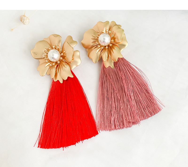 Fashion Red Alloy Pearl Flower Long Fringe Stud Earrings,Drop Earrings