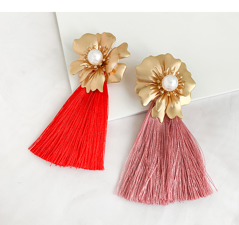 Fashion Leather Pink Alloy Pearl Flower Long Fringe Stud Earrings,Drop Earrings