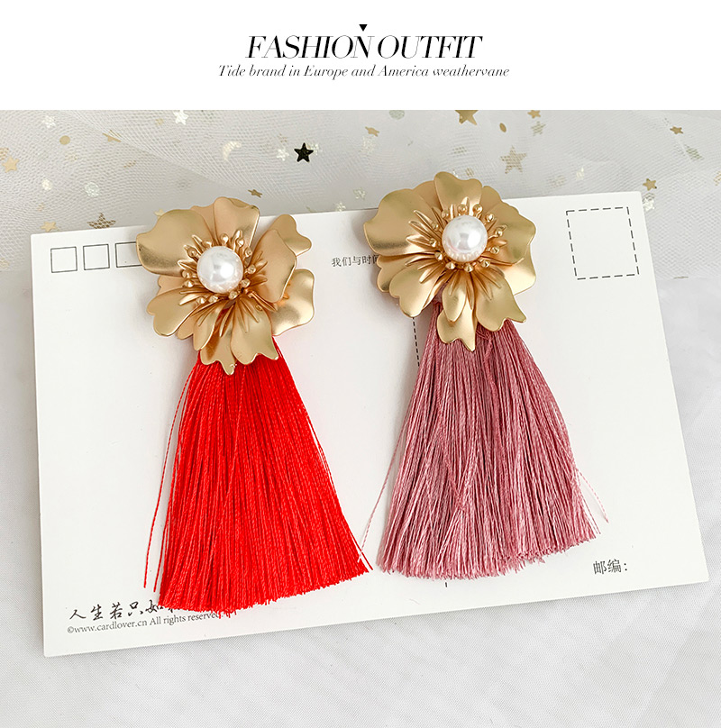 Fashion Red Alloy Pearl Flower Long Fringe Stud Earrings,Drop Earrings