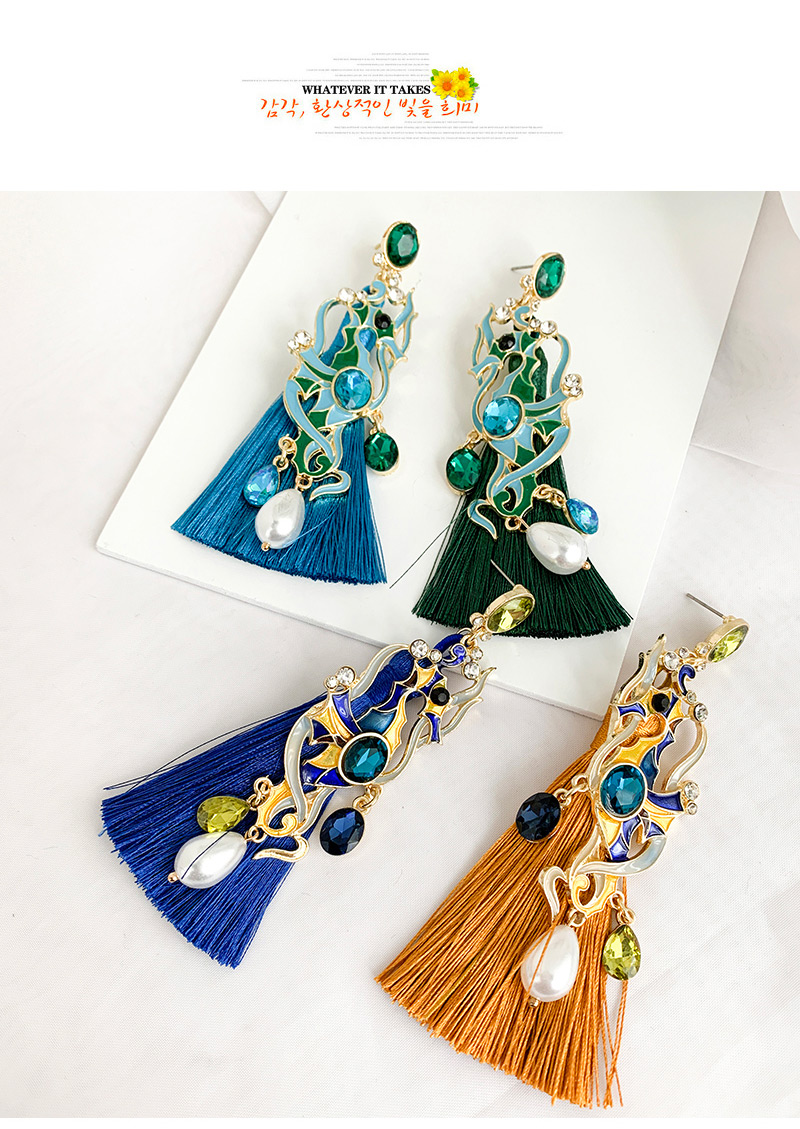 Fashion Royal Blue Alloy Rhinestone Hollow Pattern Pearl Long Tassel Stud Earrings,Drop Earrings