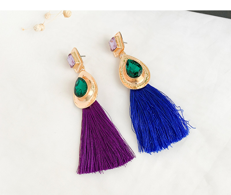 Fashion Purple Alloy Rhinestone Water Drop Long Tassel Stud Earrings,Drop Earrings