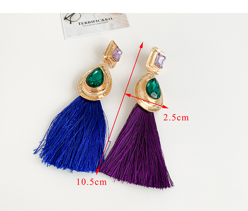 Fashion Purple Alloy Rhinestone Water Drop Long Tassel Stud Earrings,Drop Earrings
