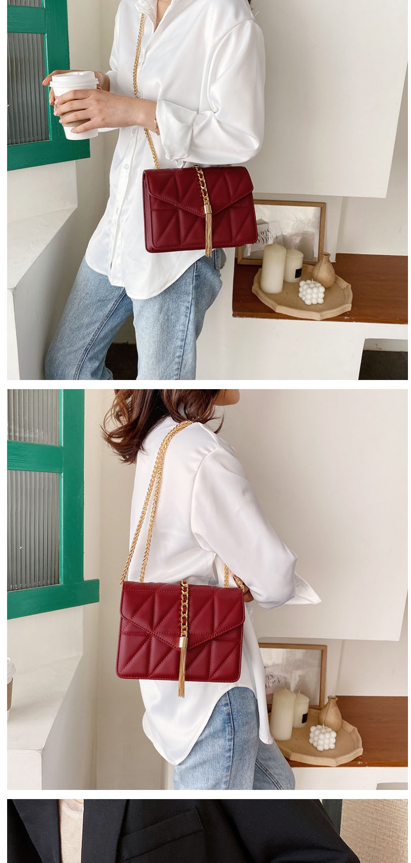 Fashion Red Gun Color Hardware Chain Embroidered Fringed Shoulder Bag,Shoulder bags