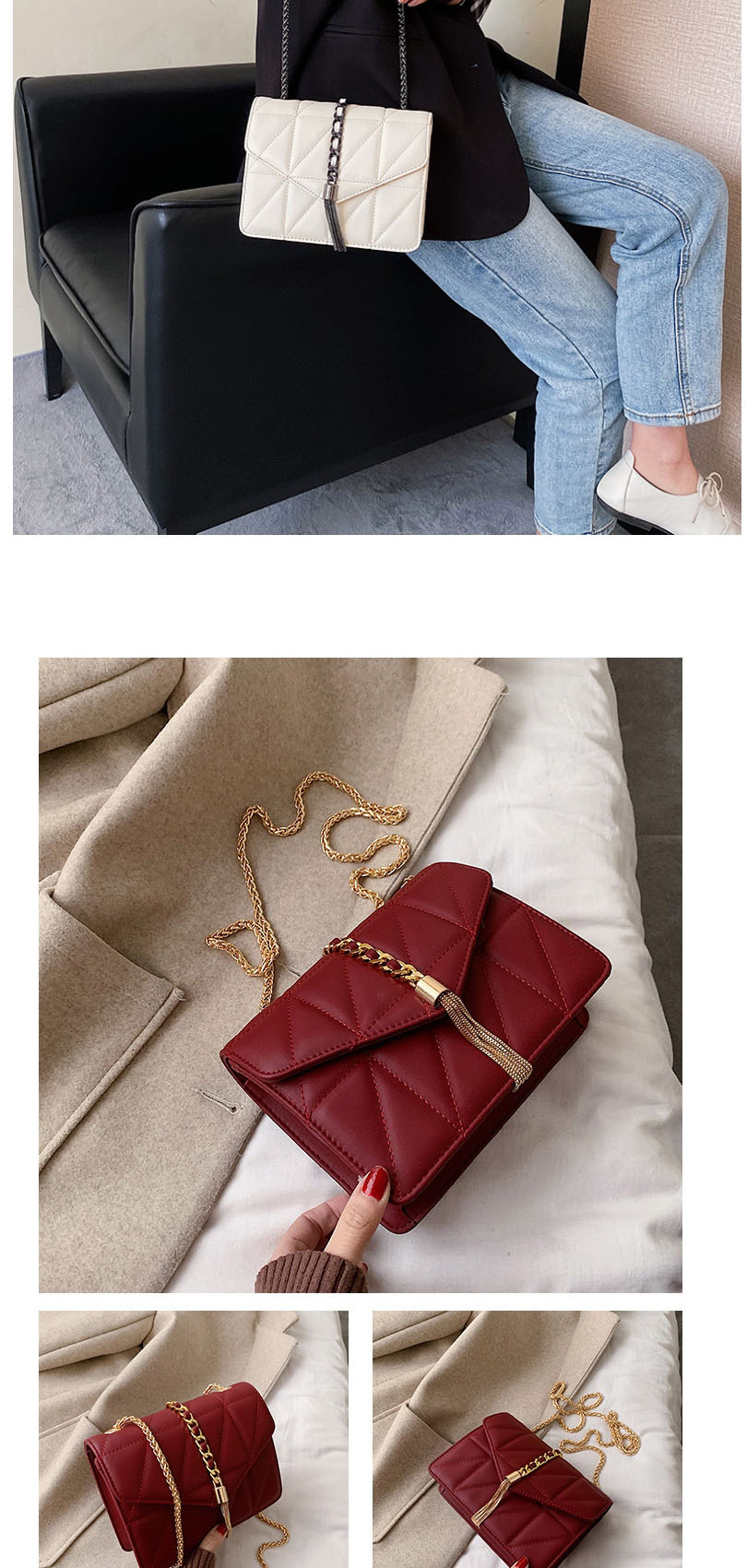 Fashion Red Gun Color Hardware Chain Embroidered Fringed Shoulder Bag,Shoulder bags