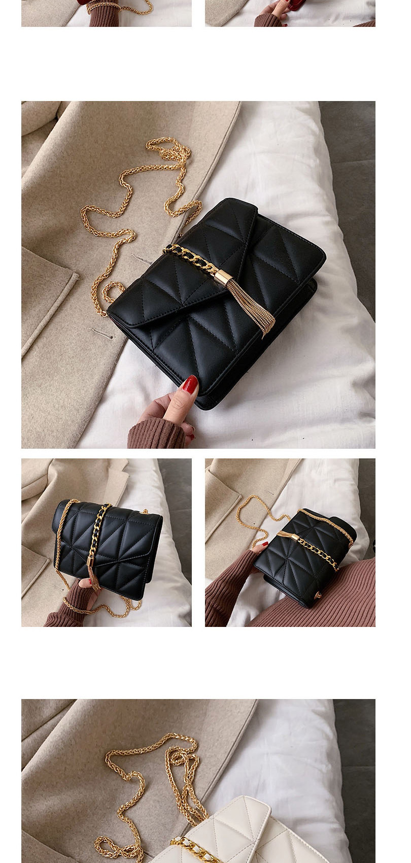 Fashion Black Gold Hardware Chain Embroidered Fringed Shoulder Bag,Shoulder bags