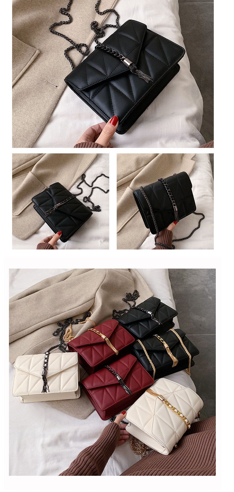 Fashion Black Gun Color Hardware Chain Embroidered Fringed Shoulder Bag,Shoulder bags