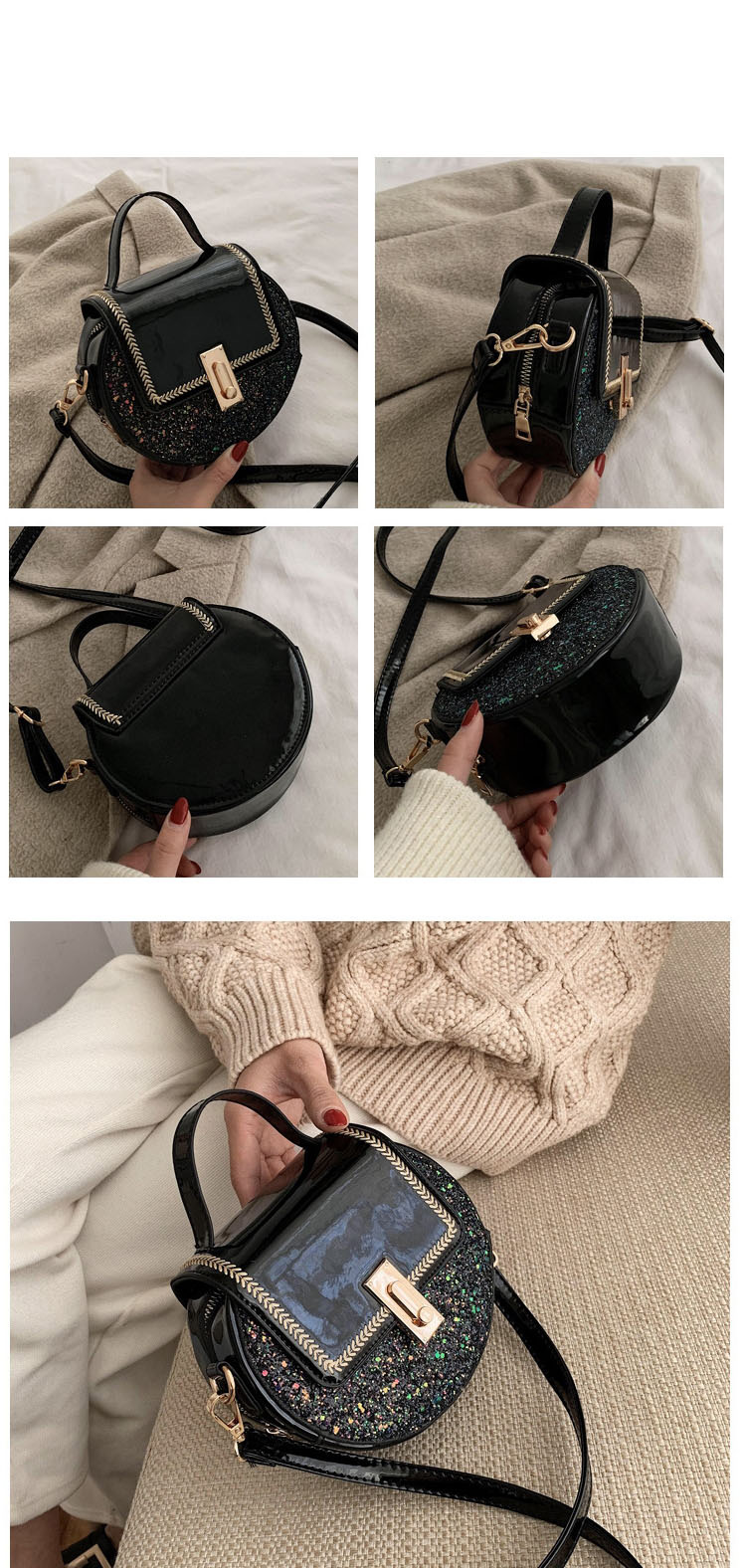 Fashion Black Patent Leather Sequined Embroidered Shoulder Bag,Handbags
