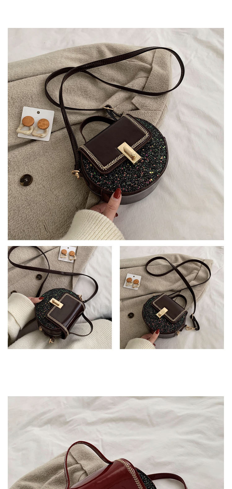 Fashion Black Patent Leather Sequined Embroidered Shoulder Bag,Handbags